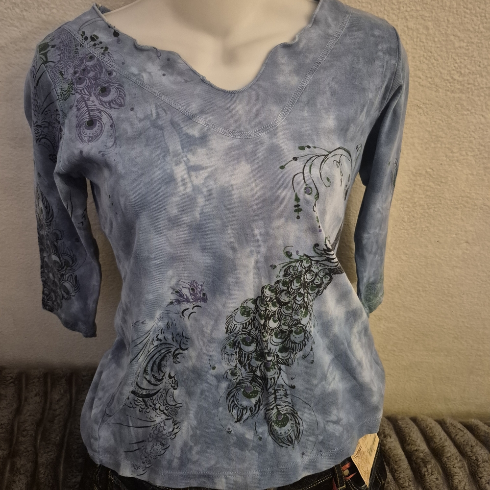 Blue and Black Graphic 3/4 Sleeve Blouse